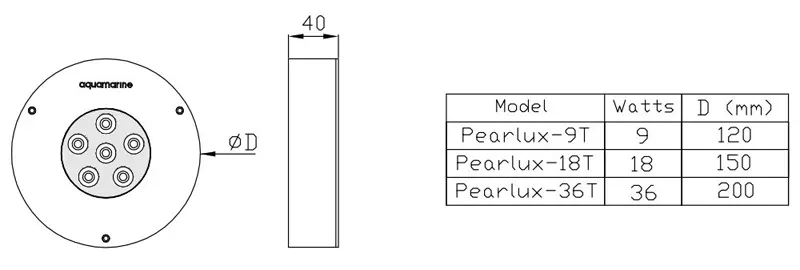 ابعاد ابعاد چراغ استخر و جکوزی توکار آکوامارین مدل پرلوکس 36 وات